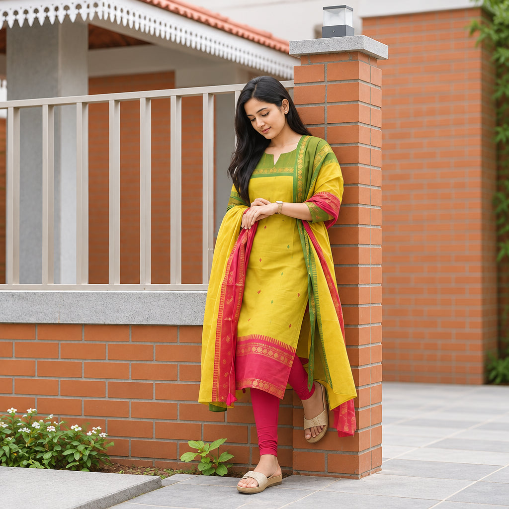 Traditional Yellow Cotton Ethnic Kurti Set