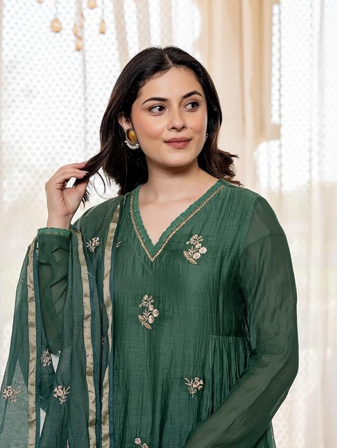Emerald green Embroidered Anarkali Set