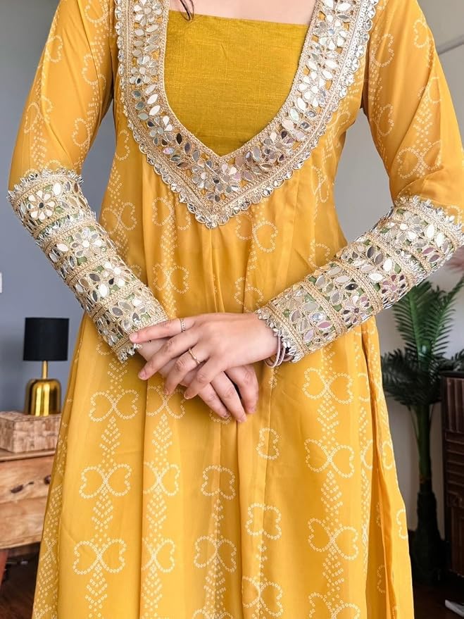 Mustard Yellow Bandhini and Mirrorwork Kurti Set