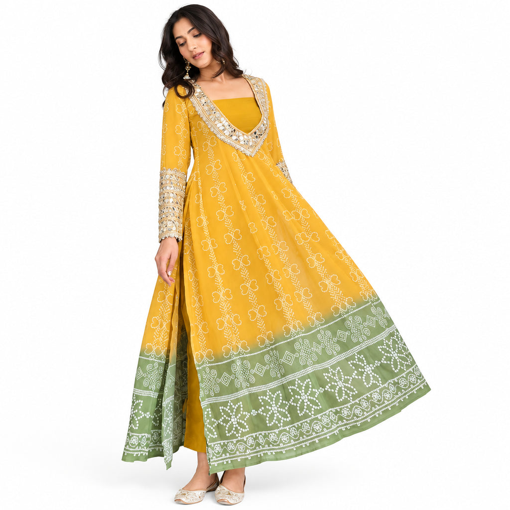 Mustard Yellow Bandhini and Mirrorwork Kurti Set