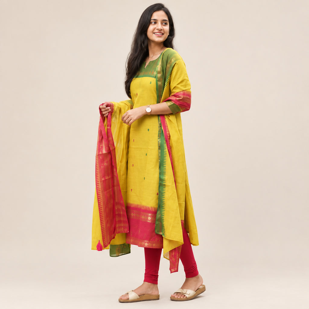 Traditional Yellow Cotton Ethnic Kurti Set