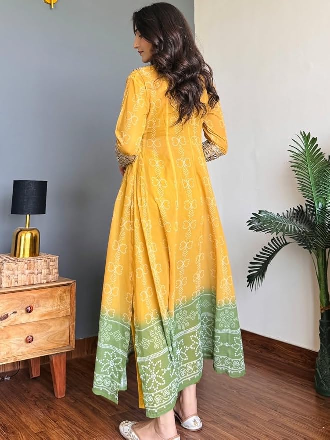 Mustard Yellow Bandhini and Mirrorwork Kurti Set