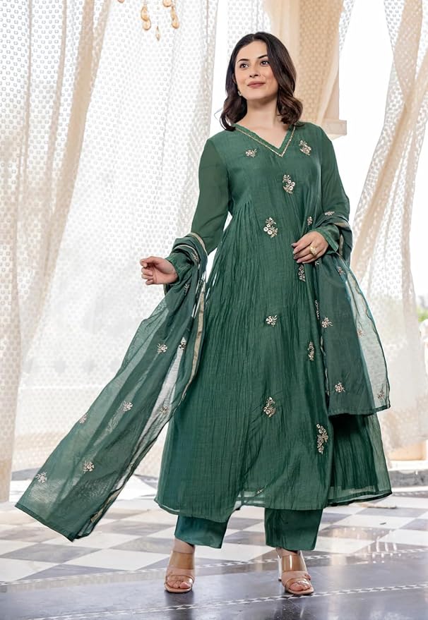 Emerald green Embroidered Anarkali Set