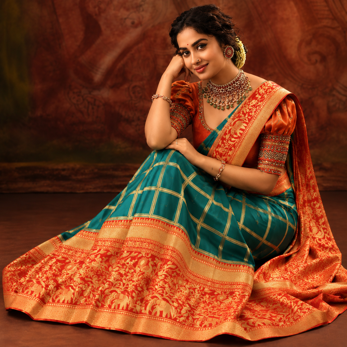 Orange & Teal Silk Saree