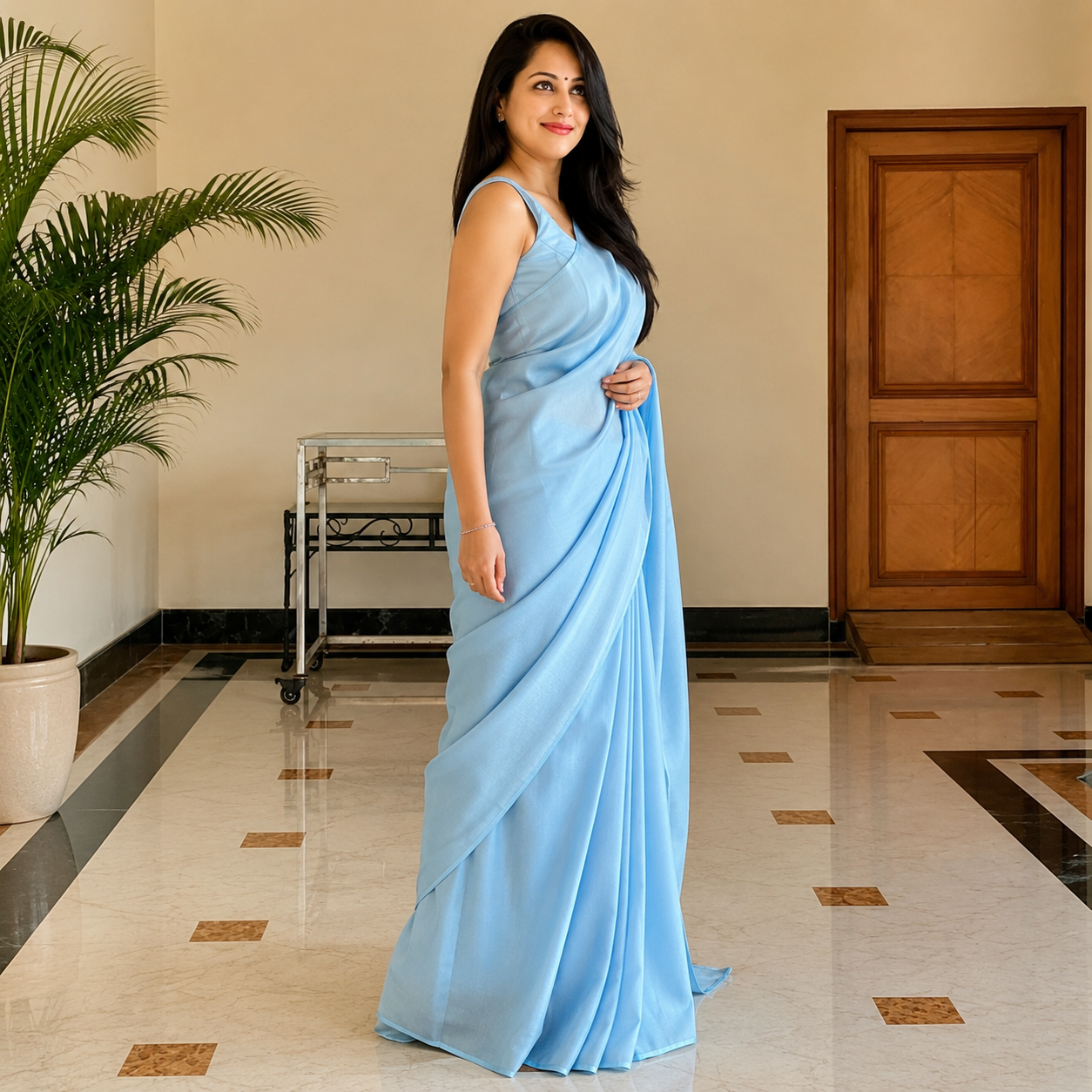 Powder Blue Lichi Silk Saree