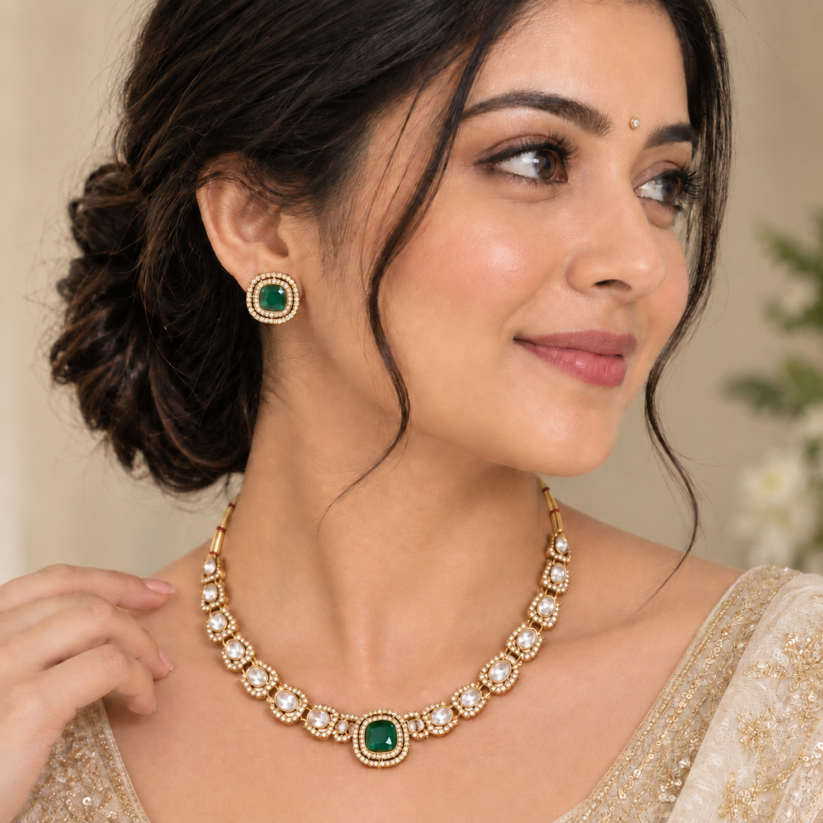 Green Stone Gold Necklace Set