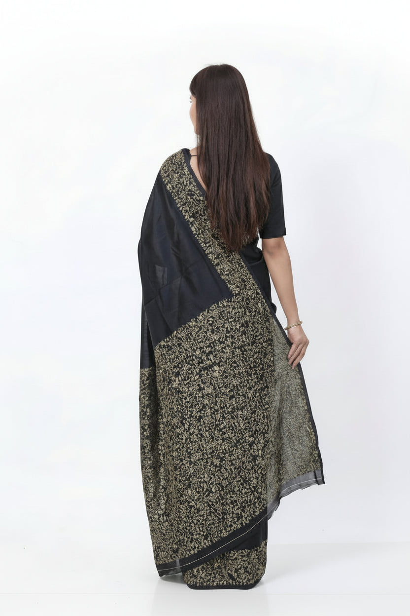 Black Soft Lichi Silk Saree