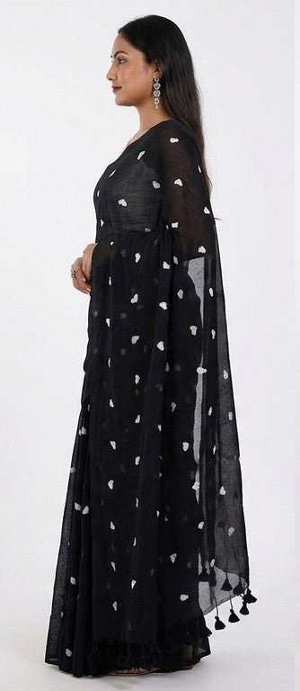 Midnight Black Linen Saree