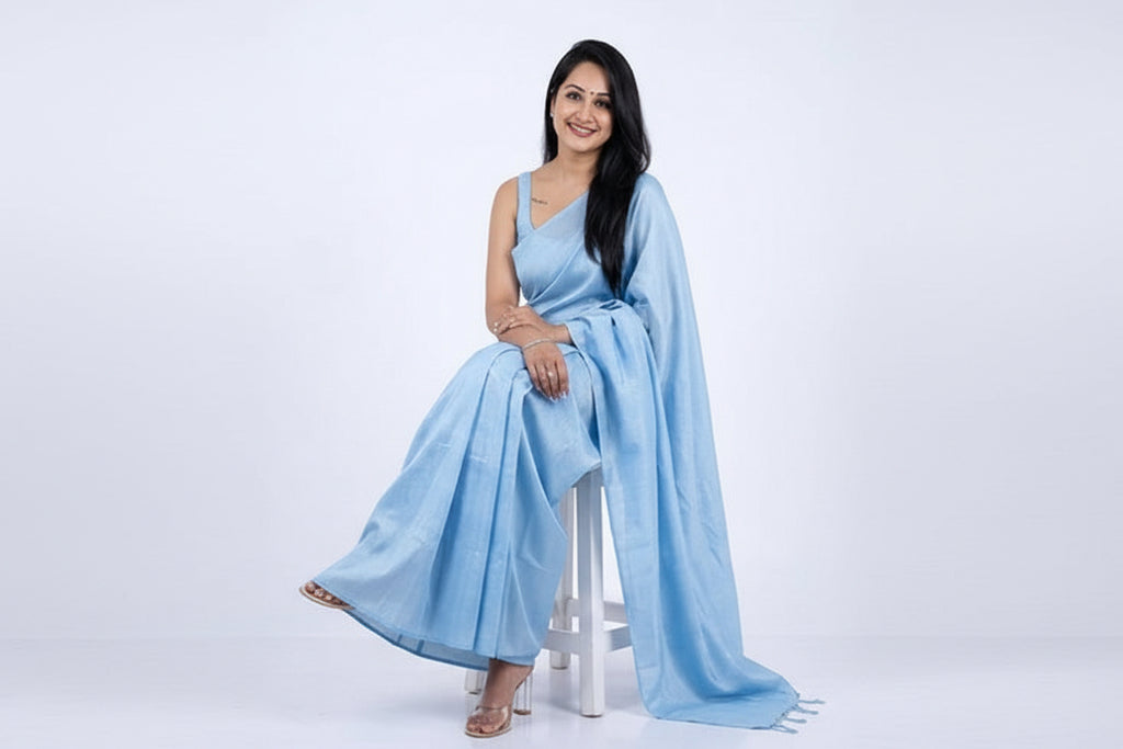 Powder Blue Lichi-Silk Saree