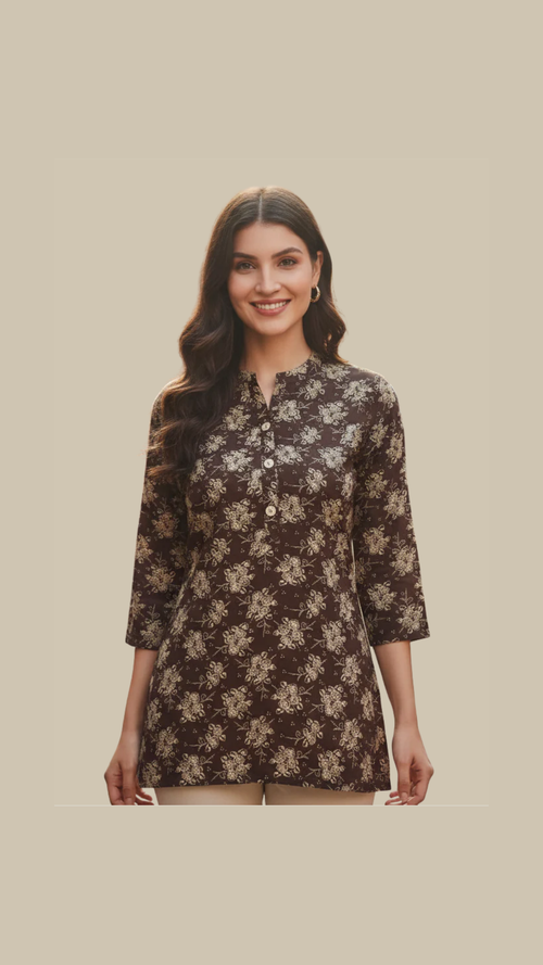 Brown Floral Short Kurta