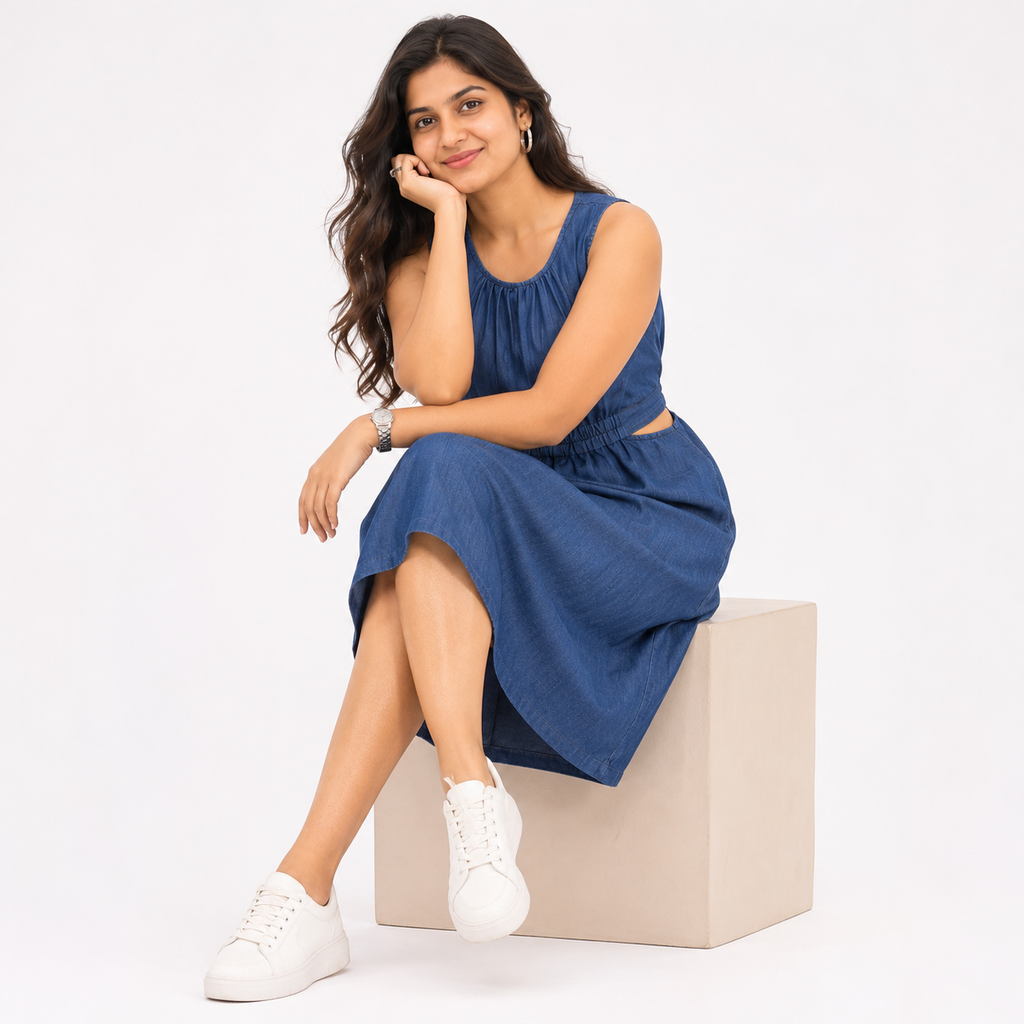 Solid Denim Sleeveless Dress Blue