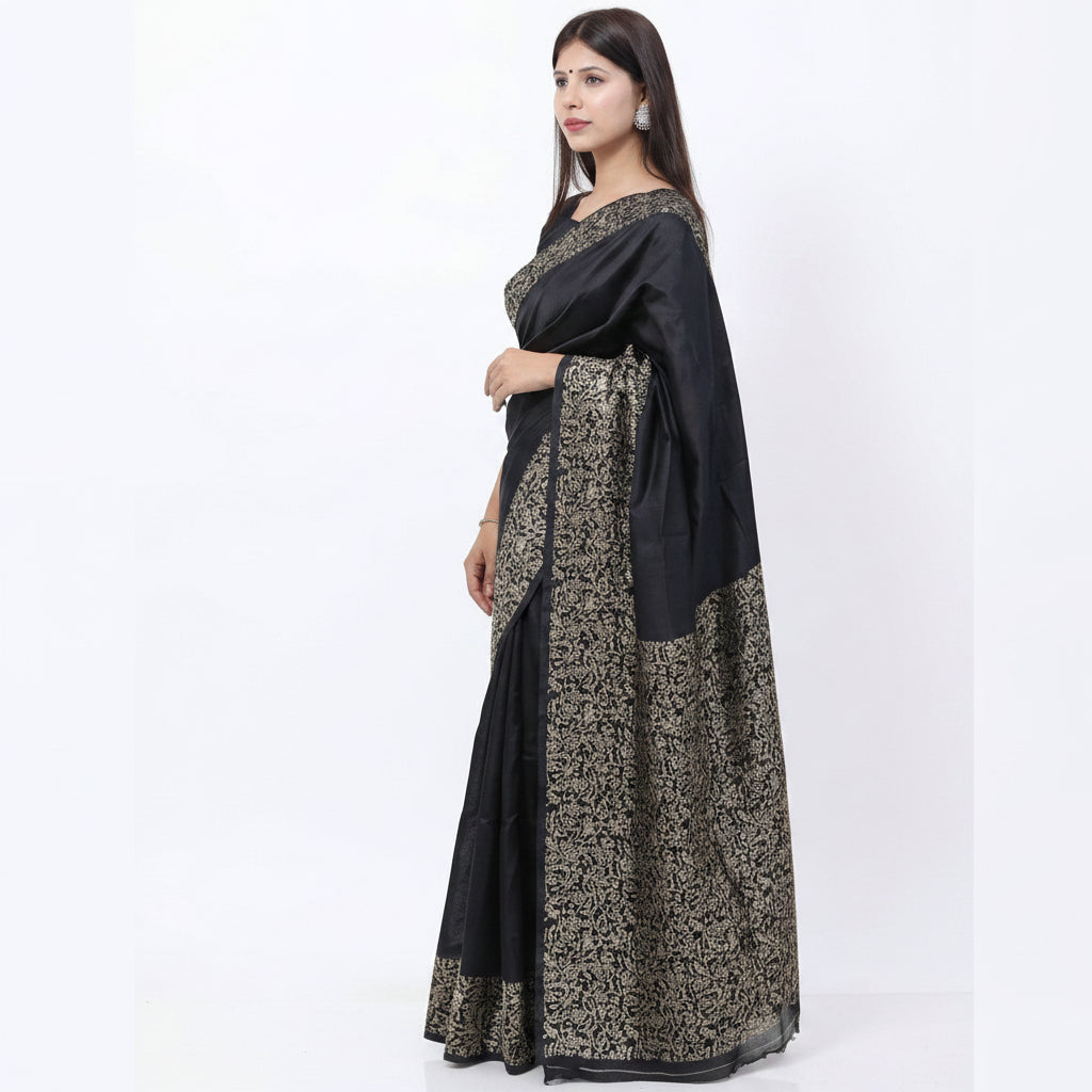 Black Soft Lichi Silk Saree