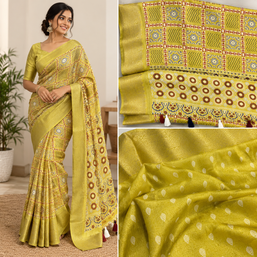 Olive Green Cotton Block Printed Saree