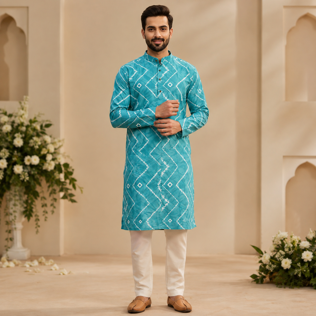 Men's Printed Kurta with White Pajama