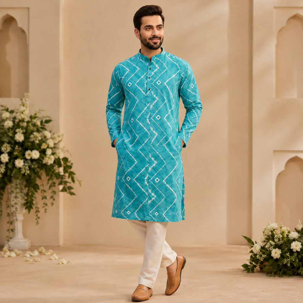 Men's Printed Kurta with White Pajama