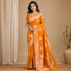 Orange Silk Saree with Silver Motifs