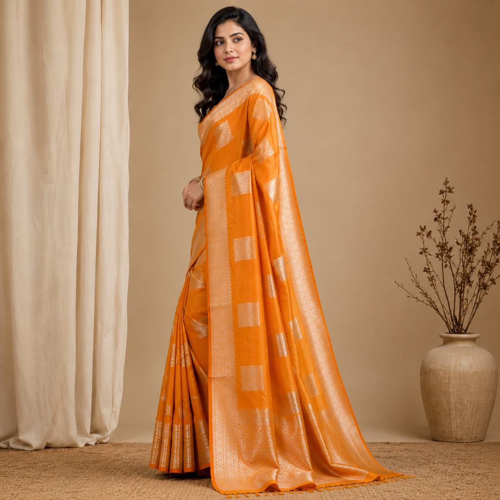 Orange Silk Saree with Silver Motifs