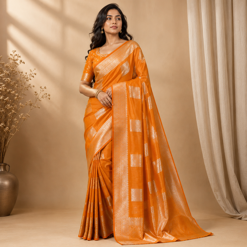 Orange Silk Saree with Silver Motifs
