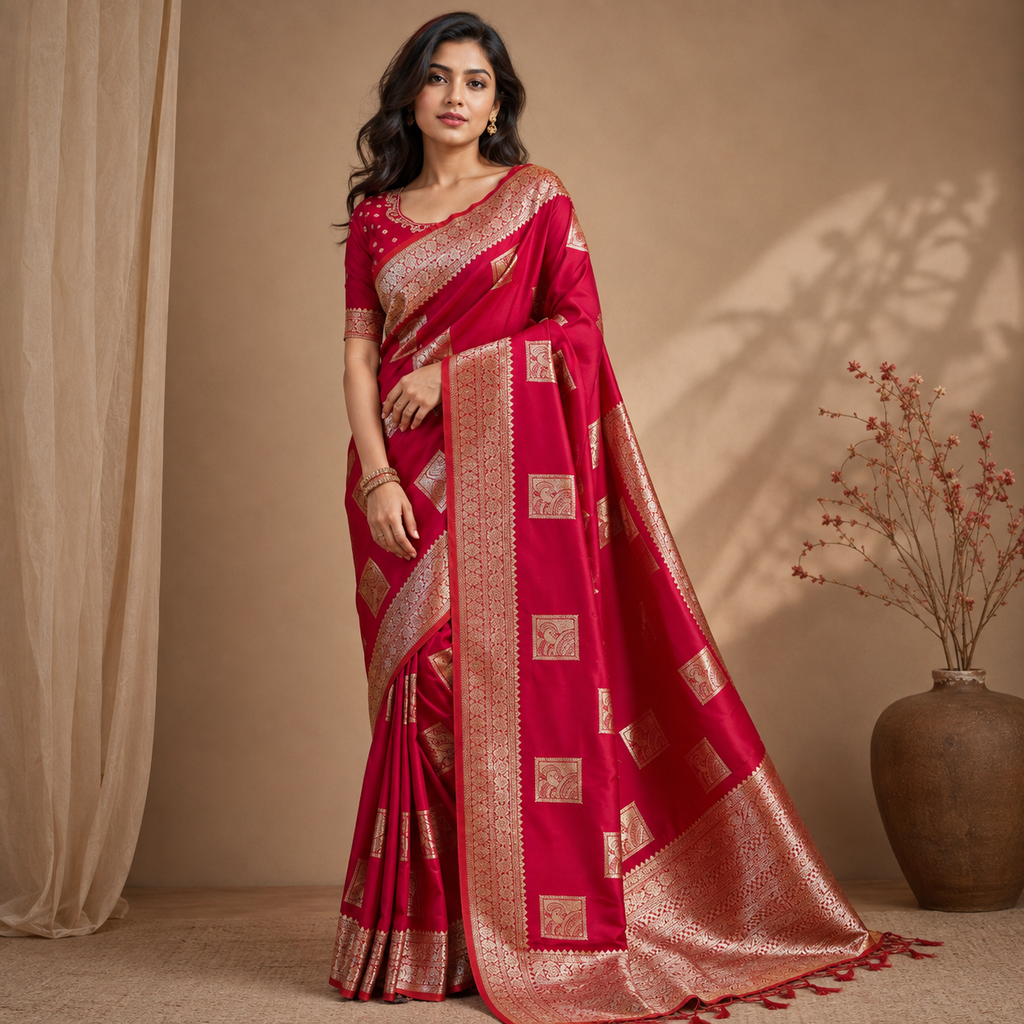 Red Silk Saree with Silver Motifs