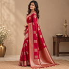 Red Silk Saree with Silver Motifs