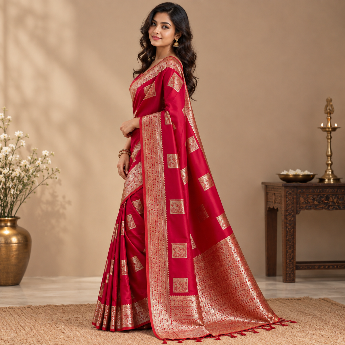 Red Silk Saree with Silver Motifs