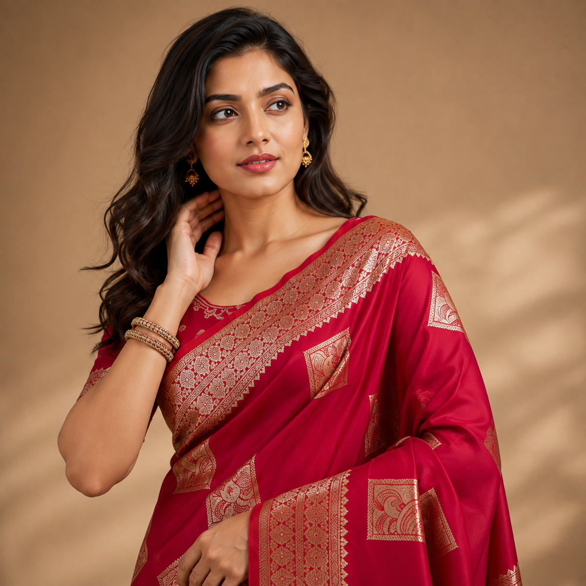 Red Silk Saree with Silver Motifs