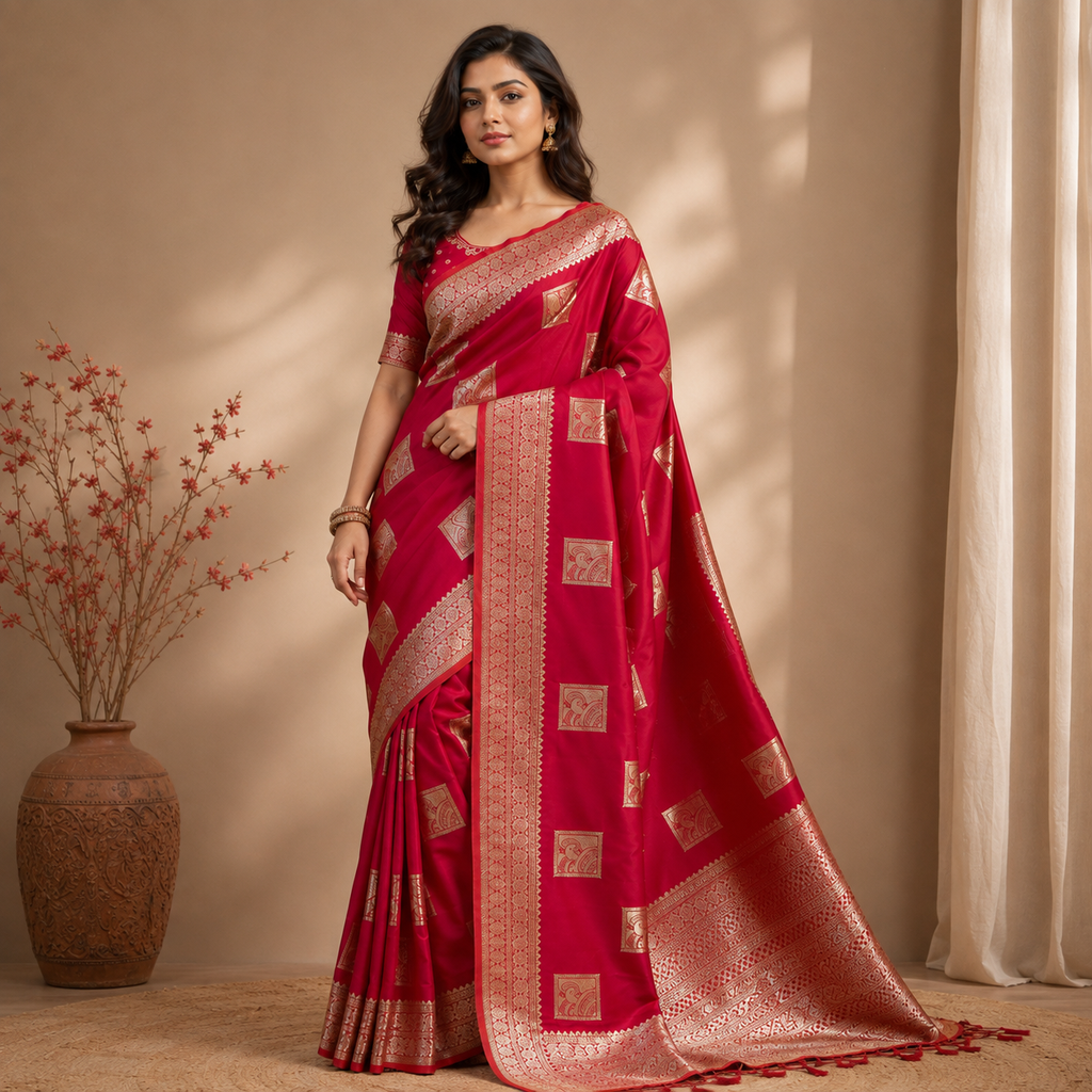 Red Silk Saree with Silver Motifs
