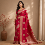 Red Silk Saree with Silver Motifs
