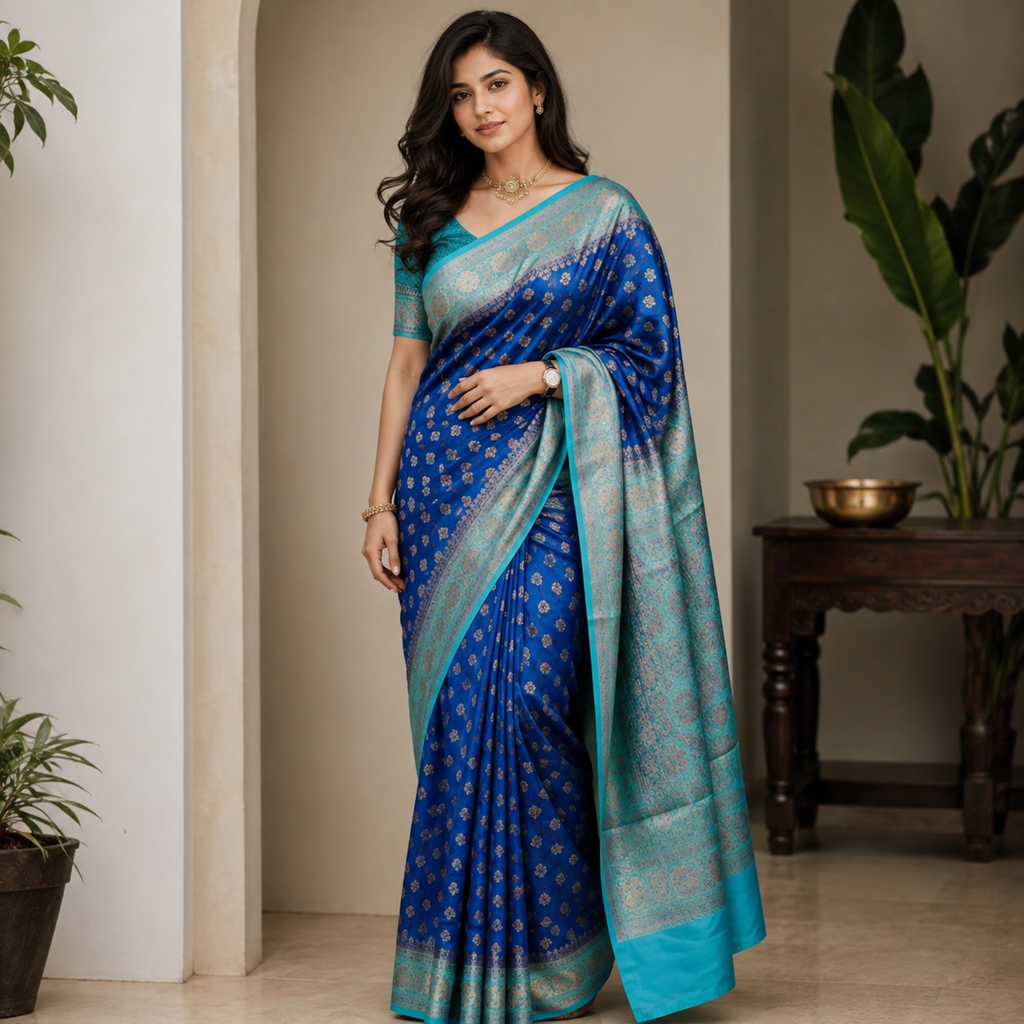 Peacock Blue Lichi Silk Saree