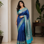 Peacock Blue Lichi Silk Saree