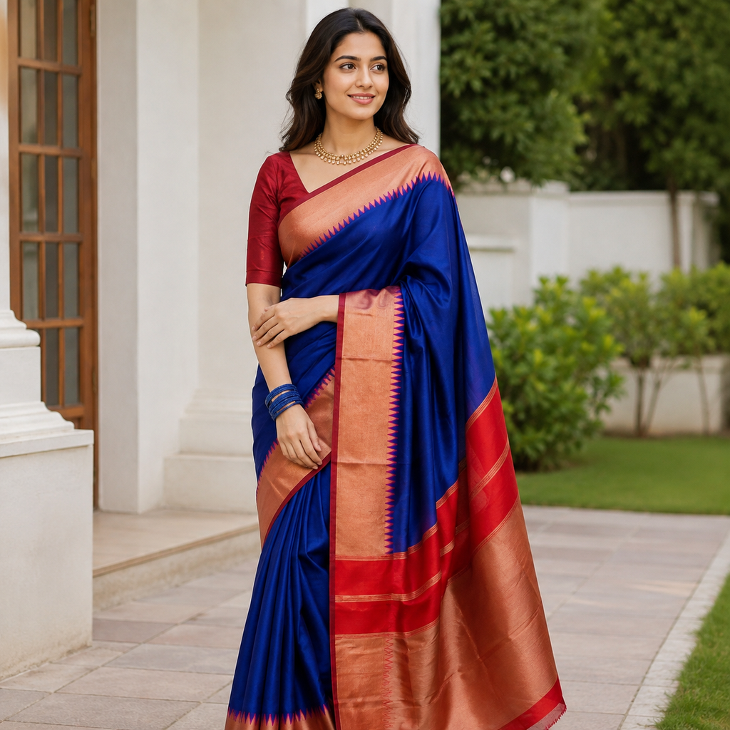 Blue Silk Saree With Red Border