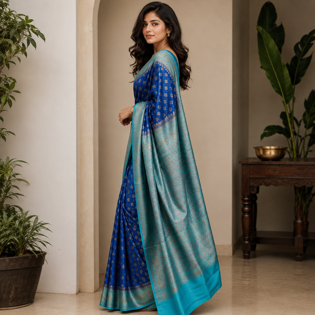 Peacock Blue Lichi Silk Saree
