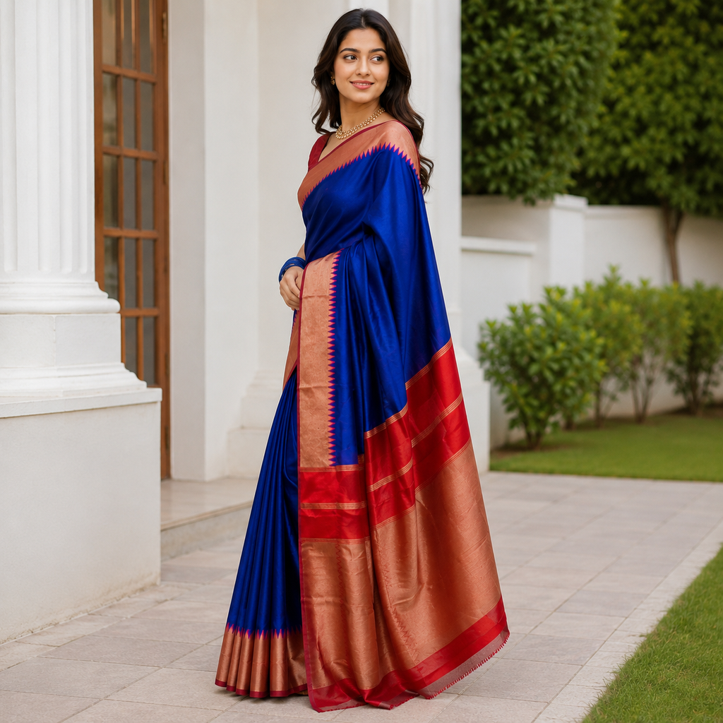 Blue Silk Saree With Red Border