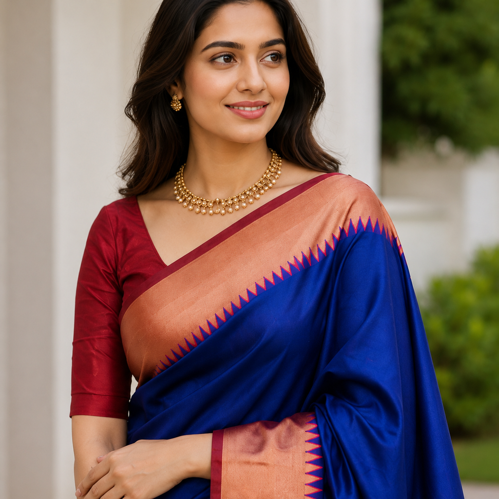 Blue Silk Saree With Red Border