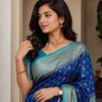 Peacock Blue Lichi Silk Saree