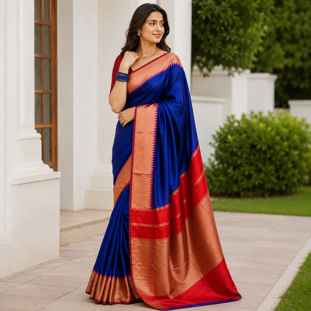 Blue Silk Saree With Red Border