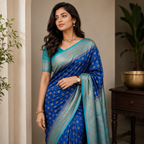 Peacock Blue Lichi Silk Saree