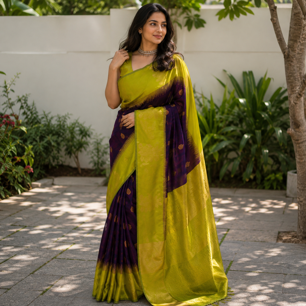 Lime Green and Purple Lichi Silk Saree