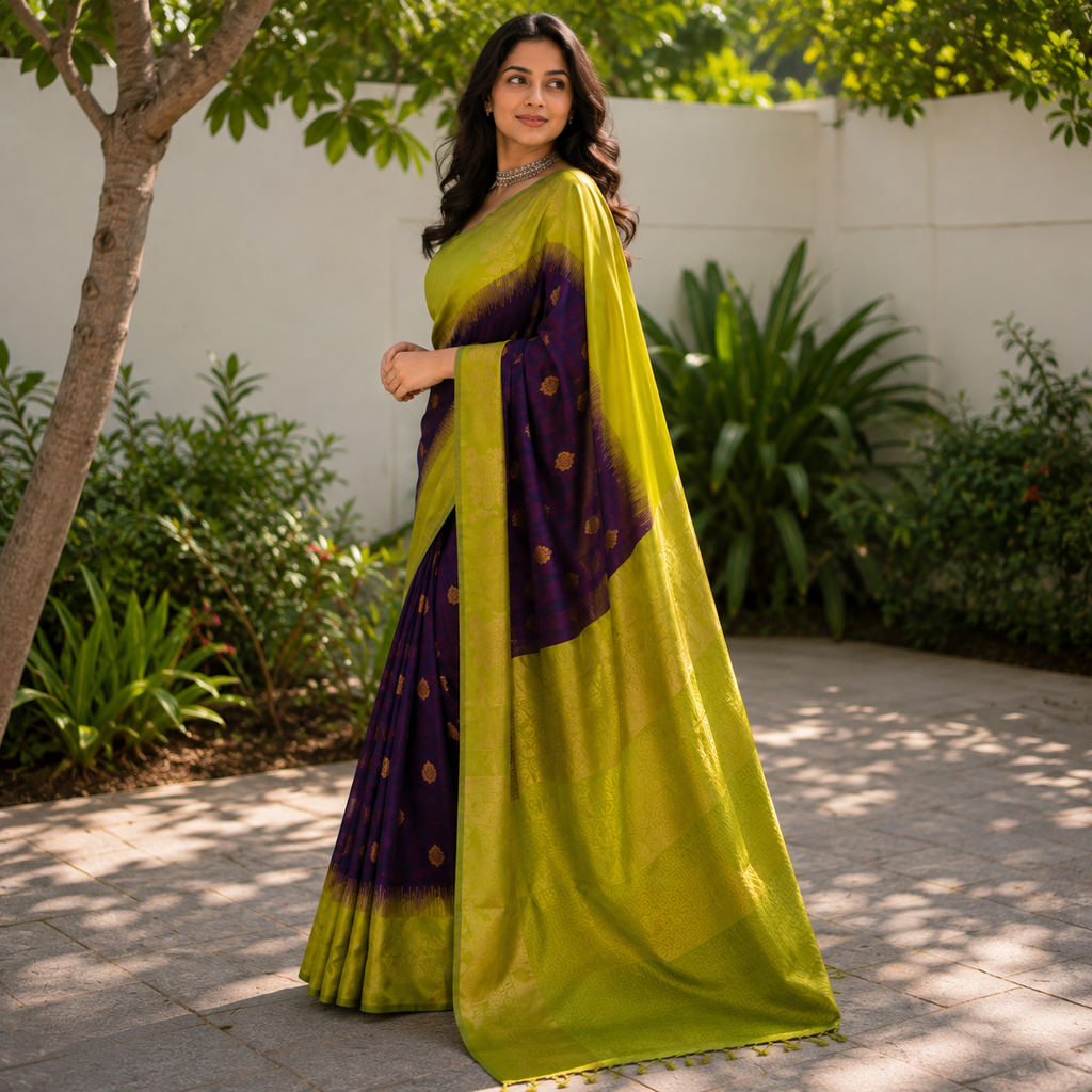 Lime Green and Purple Lichi Silk Saree