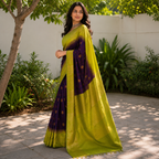 Lime Green and Purple Lichi Silk Saree
