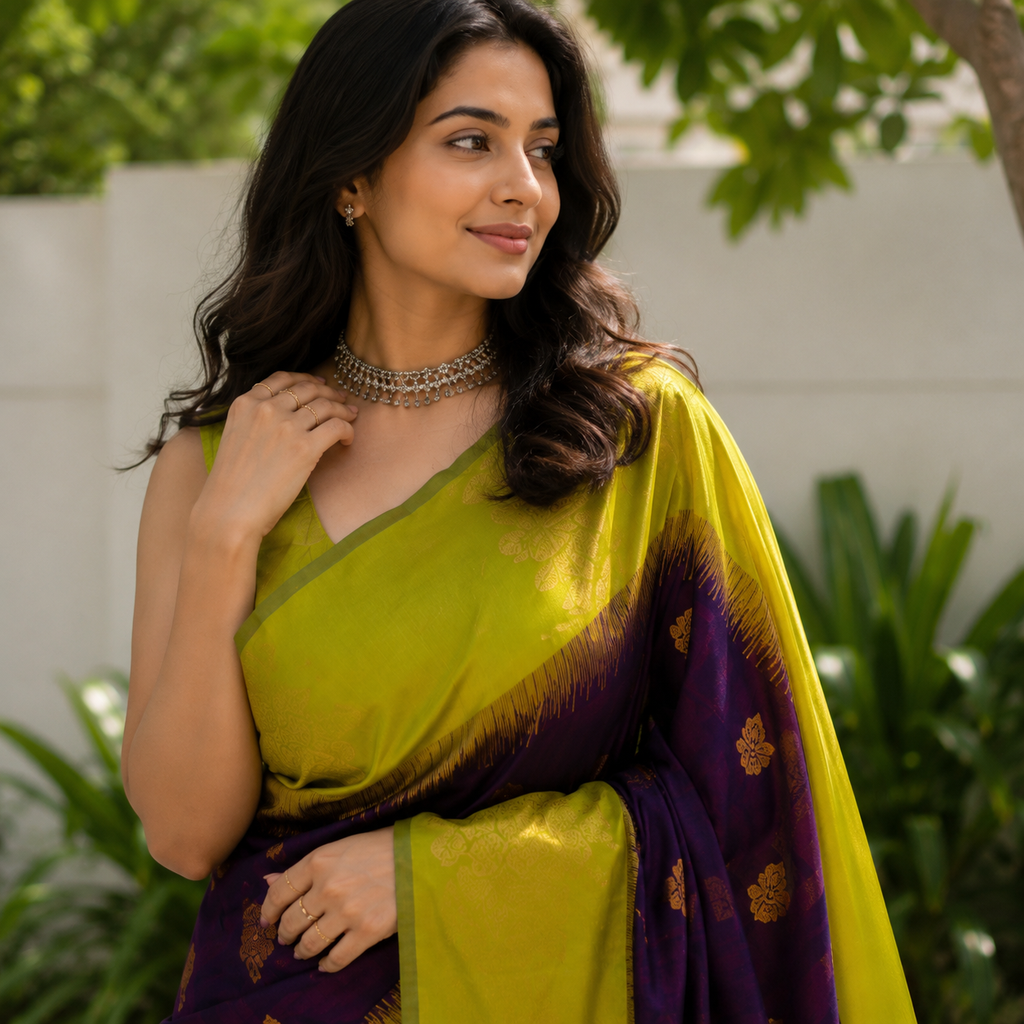 Lime Green and Purple Lichi Silk Saree