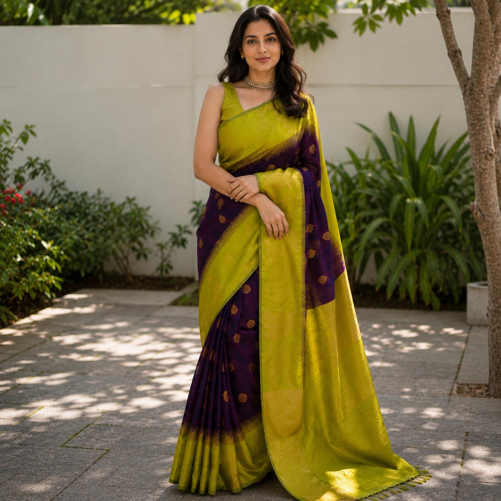 Lime Green and Purple Lichi Silk Saree