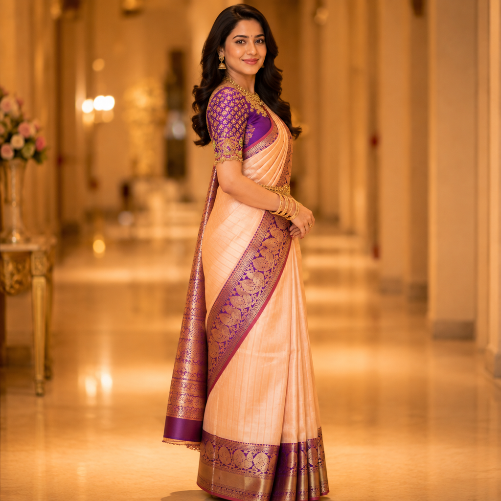 Peach Silk Saree With Purple Border