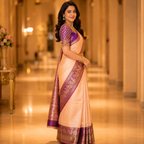 Peach Silk Saree With Purple Border