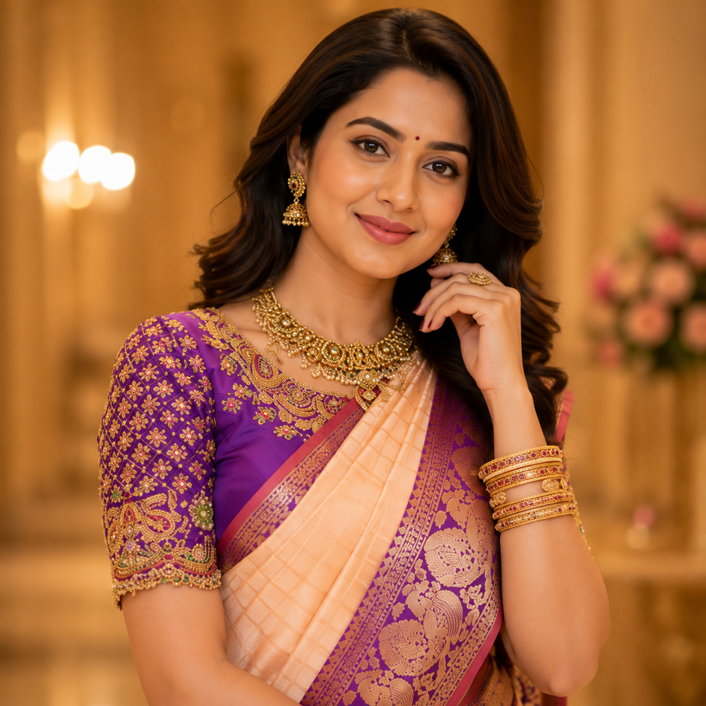 Peach Silk Saree With Purple Border
