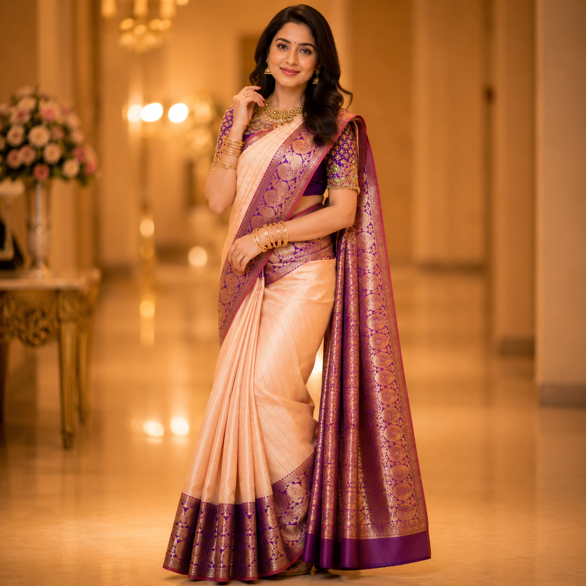 Peach Silk Saree With Purple Border