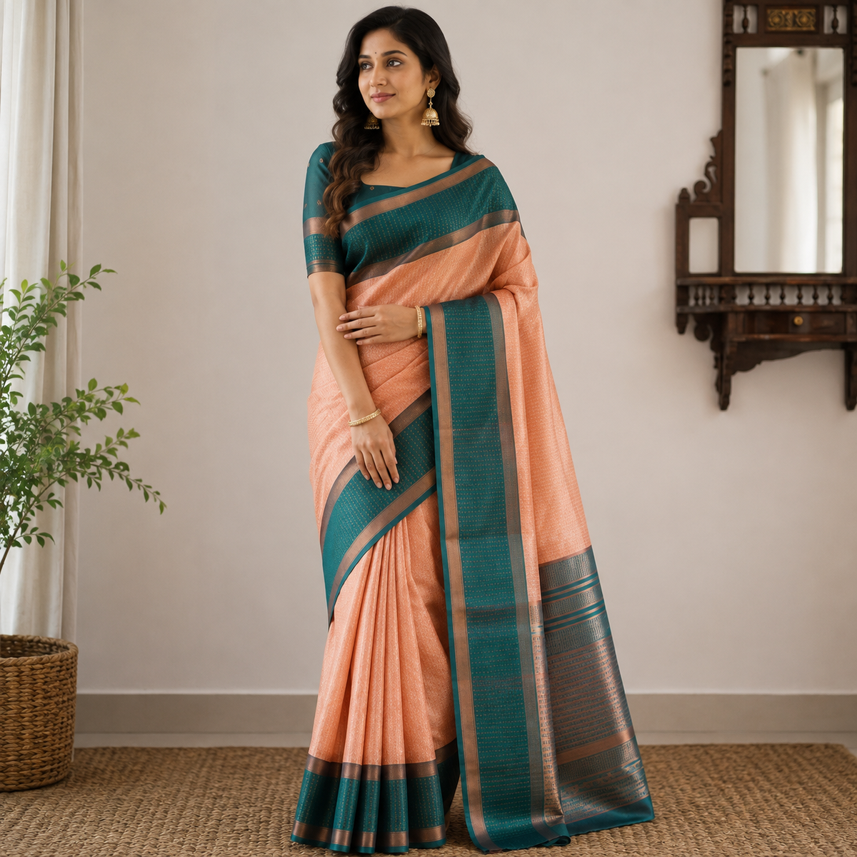 Peach & Teal Green Luchi Silk Saree