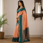 Peach & Teal Green Luchi Silk Saree