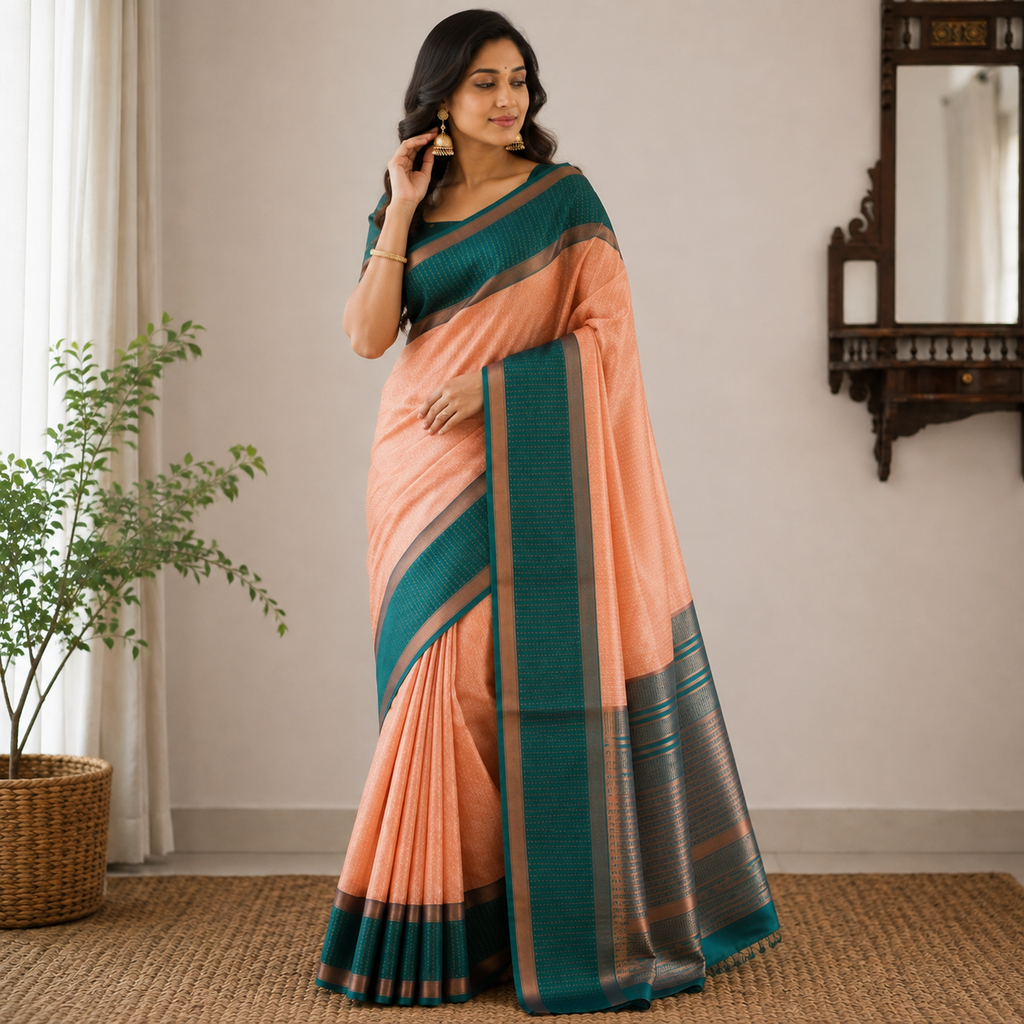 Peach & Teal Green Luchi Silk Saree