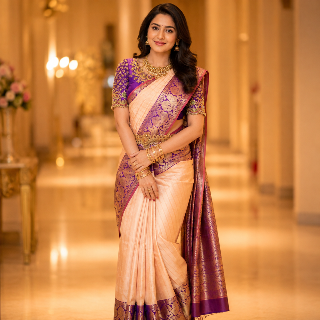 Peach Silk Saree With Purple Border